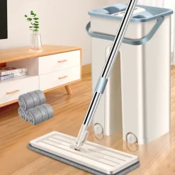 Holocky Städmoppar-360° Platt Press Mikrofiberplattor Mopphink Set, 1 Moppset + 2 Dynor