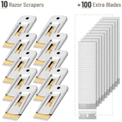 AcserGery Fönsterrengöring-2025 Senaste Modell Bates - Skrapa med metallrakblad, 10-pack, 100 extra blad, kraftig rengöringsskrapa i rostfritt stål