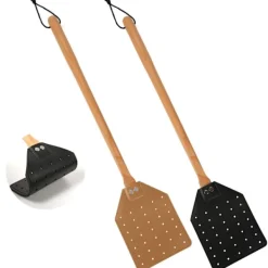 Skadedjur & Insekter-2 st Läder Hängande Rep Flugsmälla, 49,5 cm Lång Kraftig Flugsmälla Manuell med Trähandtag Getingfångare för Inomhus Utomhus (Svart, Brun)