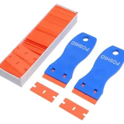 FLOWER LOST Fönsterrengöring-2 st plastskrapor med 100 plastblad, plastskrapor för borttagning av vinyldekaler, klistermärken, glas och fönster, dekalborttagare blå