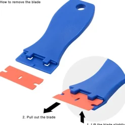 FLOWER LOST Fönsterrengöring-2 st plastskrapor med 100 plastblad, plastskrapor för borttagning av vinyldekaler, klistermärken, glas och fönster, dekalborttagare blå