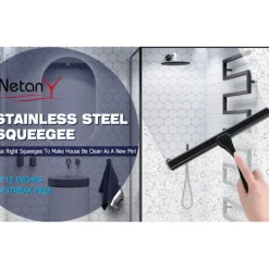EURL Fönsterrengöring-Allround Duschskrapa: 25 cm Blad, Hållbart Rostfritt Stål, Ergonomiskt Handtag, Självhäftande Förvaringskrok, Rengöring Utan Ränder, Multi-Yta