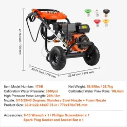 DUOKU Högtryckstvättar-Bensin Högtryckstvätt--3500 PSI 2,6 GPM-Aluminumpump-Set med 5 Munstycken-med Metallvagn