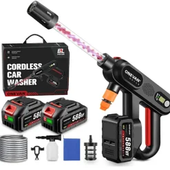 ONEVAN Högtryckstvättar-Borstlös 220Bar Högtryck Biltvättspistol 5 i 1 Sladdlös 3 Växlar Sprutpistol Trädgård Tvätt Kraftverktyg med 2 Batterier
