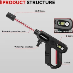 ONEVAN Högtryckstvättar-Borstlös 220Bar Högtryck Biltvättspistol 5 i 1 Sladdlös 3 Växlar Sprutpistol Trädgård Tvätt Kraftverktyg med 2 Batterier