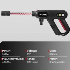 ONEVAN Högtryckstvättar-Borstlös 220Bar Högtryck Biltvättspistol 5 i 1 Sladdlös 3 Växlar Sprutpistol Trädgård Tvätt Kraftverktyg med 2 Batterier