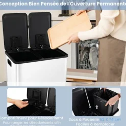 COSTWAY Soptunnor-Kökssorteringslåda, 2 Fack 2 x 30L, Dämpad Tyst Stängning, Anti-Fläckar och Lukt Vit