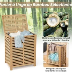 COSTWAY Tvättillbehör-80L bambu tvättkorg, tvättkorg med lock, foderpåse och handtag, 50 x 35 x 62 cm, natur