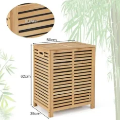 COSTWAY Tvättillbehör-80L bambu tvättkorg, tvättkorg med lock, foderpåse och handtag, 50 x 35 x 62 cm, natur