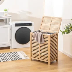 COSTWAY Tvättillbehör-80L bambu tvättkorg, tvättkorg med lock, foderpåse och handtag, 50 x 35 x 62 cm, natur