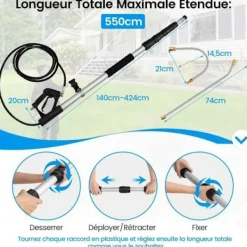 COSTWAY Högtryckstvättar-teleskoplans för högtryckstvätt 550CM 5 sprutmunstycken, 2 adaptrar, vridbar koppling, sele