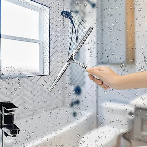 DAO Fönsterrengöring-Duschskrapa, Fönsterskrapa, Duschskrapa i rostfritt stål med stark sugkrok för spegel, fönster och glasrengöring, 10" Krom db