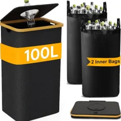 Soptunnor-En återvinningskärl för hushåll med två avtagbara återanvändbara innerpåsar, 600D Oxford-tyg, för återvinning av flaskor, kartonger och glas