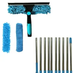 Fönsterrengöring-Fönsterskrapa 2-i-1 med teleskopskaft 4,5 m – Fönsterrengöring för höga fönster, bil, dusch, inomhus & utomhus, blå