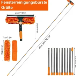 Fönsterrengöring-Fönsterskrapa 2-i-1 med teleskopskaft 4,5 m – Fönsterrengöring för höga fönster, bil, dusch, inomhus & utomhus, blå