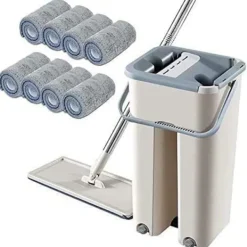ESTONE Städmoppar-Golvrotation Teleskophandtag Självrengörande plattmopp med mikrofiberkuddar och rengöringshink -HG