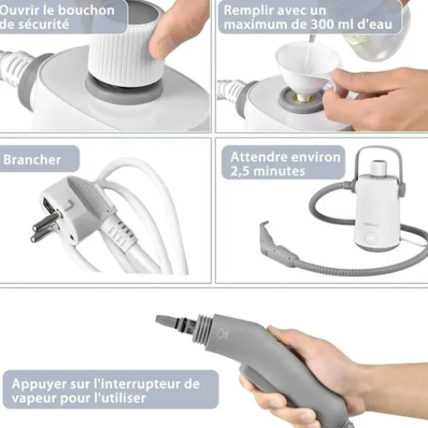 COSTWAY Ångtvättar-Handdammsugare med ångfunktion 1000W för vägglöss 300 ml tank 10 tillbehör Temperatur 95°C Tryck 3 Bar