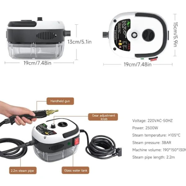 Ångtvättar-*Handhållen högtrycksångtvätt, ångrengörare, 2500 W ångtvätt med borsthuvuden för kök, badrum, bil (vit){YFL}