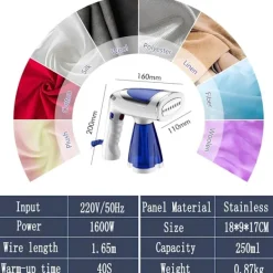 Ångtvättar-Handhållen Klädångare 1600W, 40 Sekunders Snabb Uppvärmning 250 ml Vattentank (Blå)