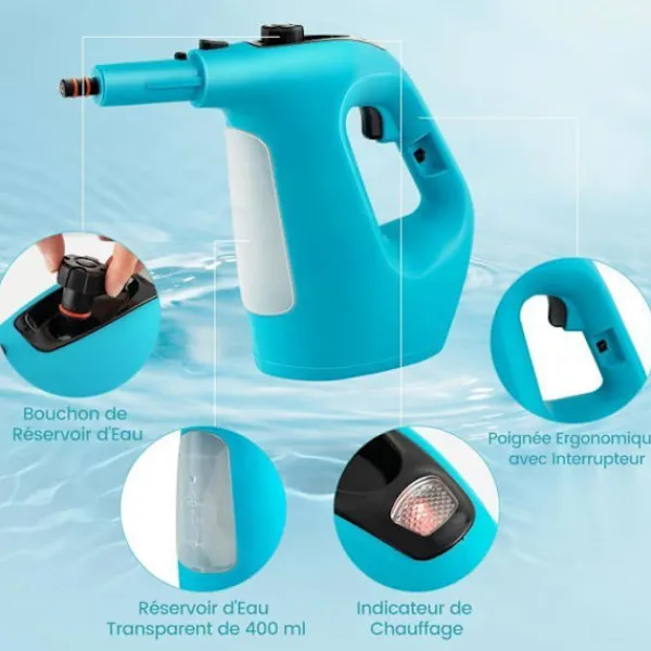 COSTWAY Ångtvättar-Handhållen Ångtvätt 1500W Sängbuggar -400 ml Tank-2 Bar-14 Tillbehör-125 ℃-Barnsäkerhetslås-