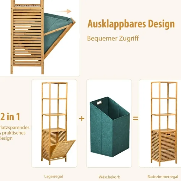 B2X Tvättillbehör-Högt badrumsskåp med tvättkorg av bambu med hyllplan perfekt för badrum 40 x 33 x 160 cm natur