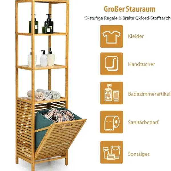 B2X Tvättillbehör-Högt badrumsskåp med tvättkorg av bambu med hyllplan perfekt för badrum 40 x 33 x 160 cm natur