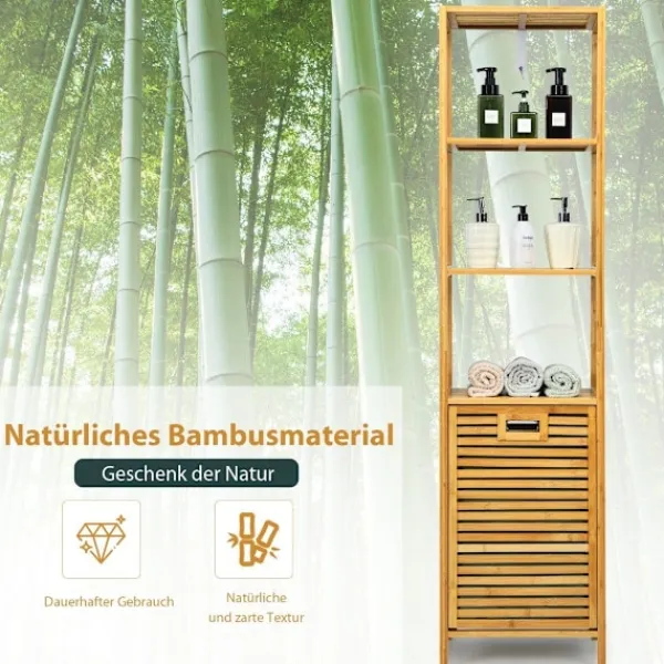 B2X Tvättillbehör-Högt badrumsskåp med tvättkorg av bambu med hyllplan perfekt för badrum 40 x 33 x 160 cm natur
