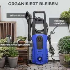Northio Högtryckstvättar-Högtryckstvätt Med Rullar Inkl. 5 St. Tillbehör, 150 Bar Arbetstryck, Med 6 M Högtrycksslang, 1800 W, Max Vattenmängd: 510 L/H Blå