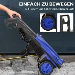 Northio Högtryckstvättar-Högtryckstvätt Med Rullar Inkl. 5 St. Tillbehör, 150 Bar Arbetstryck, Med 6 M Högtrycksslang, 1800 W, Max Vattenmängd: 510 L/H Blå