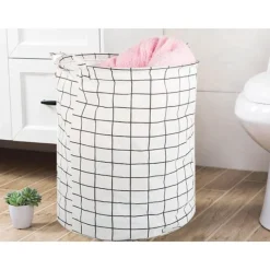 Tvättillbehör-Hopfällbar Tvättkorg – 45L Rutnät Vit/Svart
