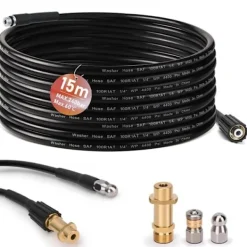 VRIETINA Högtryckstvättar-Kit förrengöring av rörledningar 15m, 240 Bar med M22-adapter + fasta + roterande munstycken, för tryckschakt K2-7