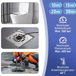 VRIETINA Högtryckstvättar-Kit förrengöring av rörledningar 15m, 240 Bar med M22-adapter + fasta + roterande munstycken, för tryckschakt K2-7