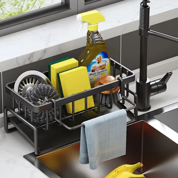 Tvättillbehör-Kök Organisatör, Rostfritt Stål Diskho Organisatör med Självdrenerande Avloppsfack för Svampställ, Handdukshållare, Svart.