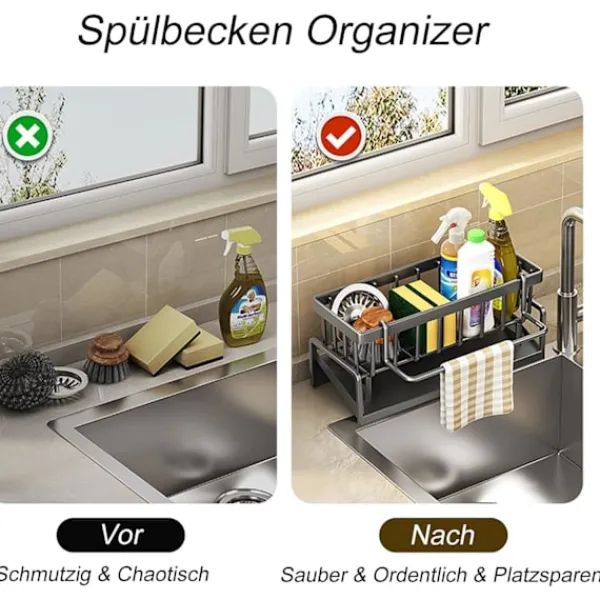 Tvättillbehör-Kök Organisatör, Rostfritt Stål Diskho Organisatör med Självdrenerande Avloppsfack för Svampställ, Handdukshållare, Svart.