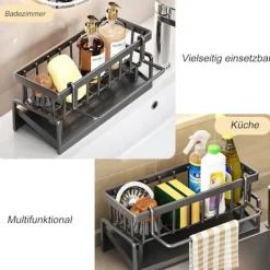 Tvättillbehör-Kök Organisatör, Rostfritt Stål Diskho Organisatör med Självdrenerande Avloppsfack för Svampställ, Handdukshållare, Svart.