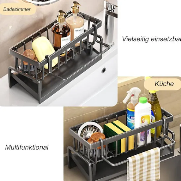 Tvättillbehör-Kök Organisatör, Rostfritt Stål Diskho Organisatör med Självdrenerande Avloppsfack för Svampställ, Handdukshållare, Svart.