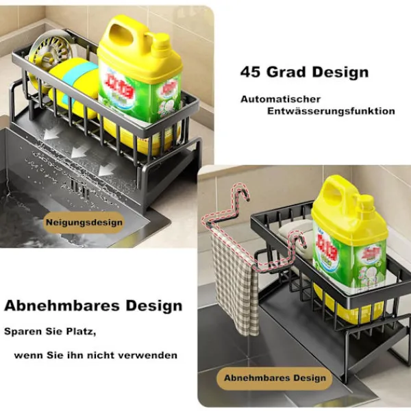 Tvättillbehör-Kök Organisatör, Rostfritt Stål Diskho Organisatör med Självdrenerande Avloppsfack för Svampställ, Handdukshållare, Svart.