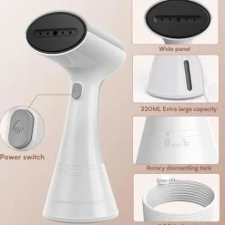 Ångtvättar-Klädångare, 30 g/min konstant ångutsläpp, 220 ml vattentank, 20 sek uppvärmningstid, bärbar ångare ångborste klädångare