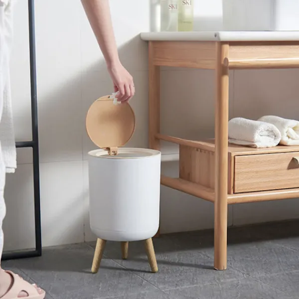 LBSS Soptunnor-7L Papperskorg Liten Soptunnor med Lock Press-typ och Träfötter, Nordiska Avfallskärl för Badrum, Sovrum, Hushållsbruk, Kontor