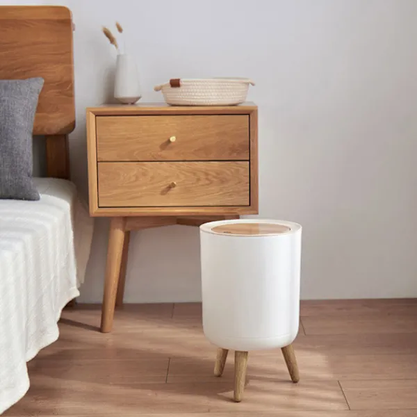 LBSS Soptunnor-7L Papperskorg Liten Soptunnor med Lock Press-typ och Träfötter, Nordiska Avfallskärl för Badrum, Sovrum, Hushållsbruk, Kontor