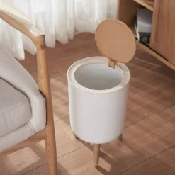 LBSS Soptunnor-7L Papperskorg Liten Soptunnor med Lock Press-typ och Träfötter, Nordiska Avfallskärl för Badrum, Sovrum, Hushållsbruk, Kontor