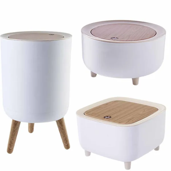 LBSS Soptunnor-7L Papperskorg Liten Soptunnor med Lock Press-typ och Träfötter, Nordiska Avfallskärl för Badrum, Sovrum, Hushållsbruk, Kontor