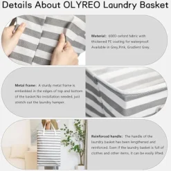 Tvättillbehör-75L Stor Tvättkorg - Fristående Vattentät Tvättkorg med Förlängt Handtag - Hopfällbar Hög Tvättkorg Grå