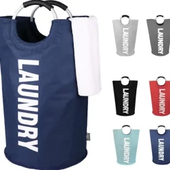 HUOGUO Tvättillbehör-82L Stor tvättkorg, hopfällbar tvättkorg, fristående hög tvättkorg, hopfällbar tvättkorg (mörkblå)