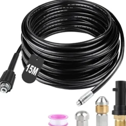 Högtryckstvättar-15M Högtrycks Avloppsrengöringsslang 180bar Flexibel Avloppsrengöringsslang Högtrycksslang med Jetmunstycke och Roterande Munstycke, Adaptrar för K