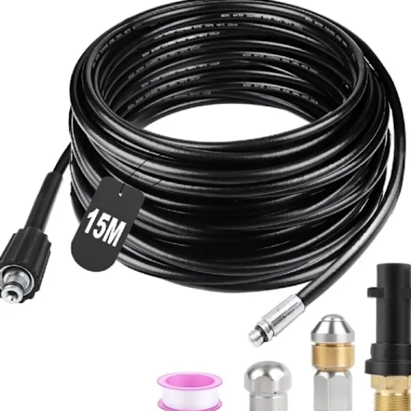 Högtryckstvättar-15M Högtrycks Avloppsrengöringsslang 180bar Flexibel Avloppsrengöringsslang Högtrycksslang med Jetmunstycke och Roterande Munstycke, Adaptrar för K