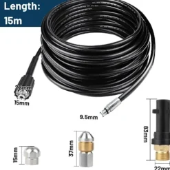 Högtryckstvättar-15M Högtrycks Avloppsrengöringsslang 180bar Flexibel Avloppsrengöringsslang Högtrycksslang med Jetmunstycke och Roterande Munstycke, Adaptrar för K