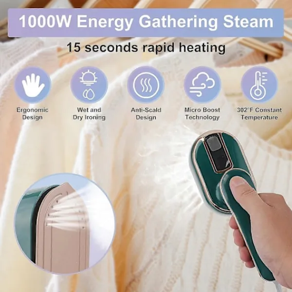 Ångtvättar-Mini Ångstrykjärn, 1090W Vikbart Handhållet Reseångstrykjärn, Keramisk Nonstick-Sula, 15s Snabb Uppvärmning Green