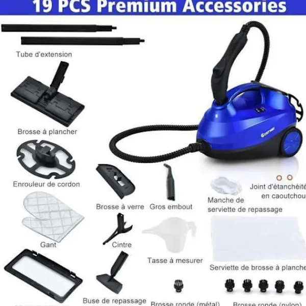 COSTWAY Ångtvättar-Mångsidig Ångtvätt 2000W För Dammkvalster-Reservoar 1,5L, 19 Tillbehör 4,0 Bar-LED-Indikator-108℃-