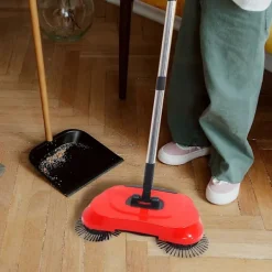 Städmaskiner-Multifunktionell 3-i-1 Hushållsrengöring Lat Handtryck Sopmaskin Sopskyffel Papperskorg 360 Roterande Golvrengöringsmopp (Röd)